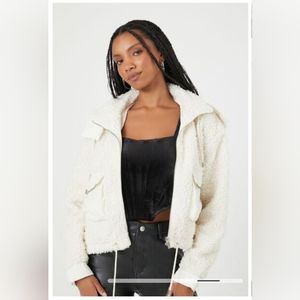 IVORY Faux Shearling Zip-Up Hoodie, Forever 21